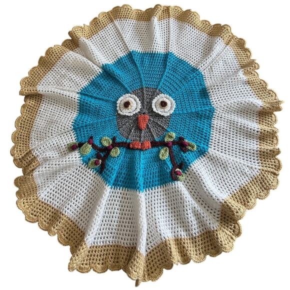 Hand-knitted Crochet Round Owl Blanket Throw Chair Decor 40" Cottage Boho Artsy - Picture 2 of 8